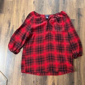 Chaps Red Plaid Peasant Blouse with Tie Neck